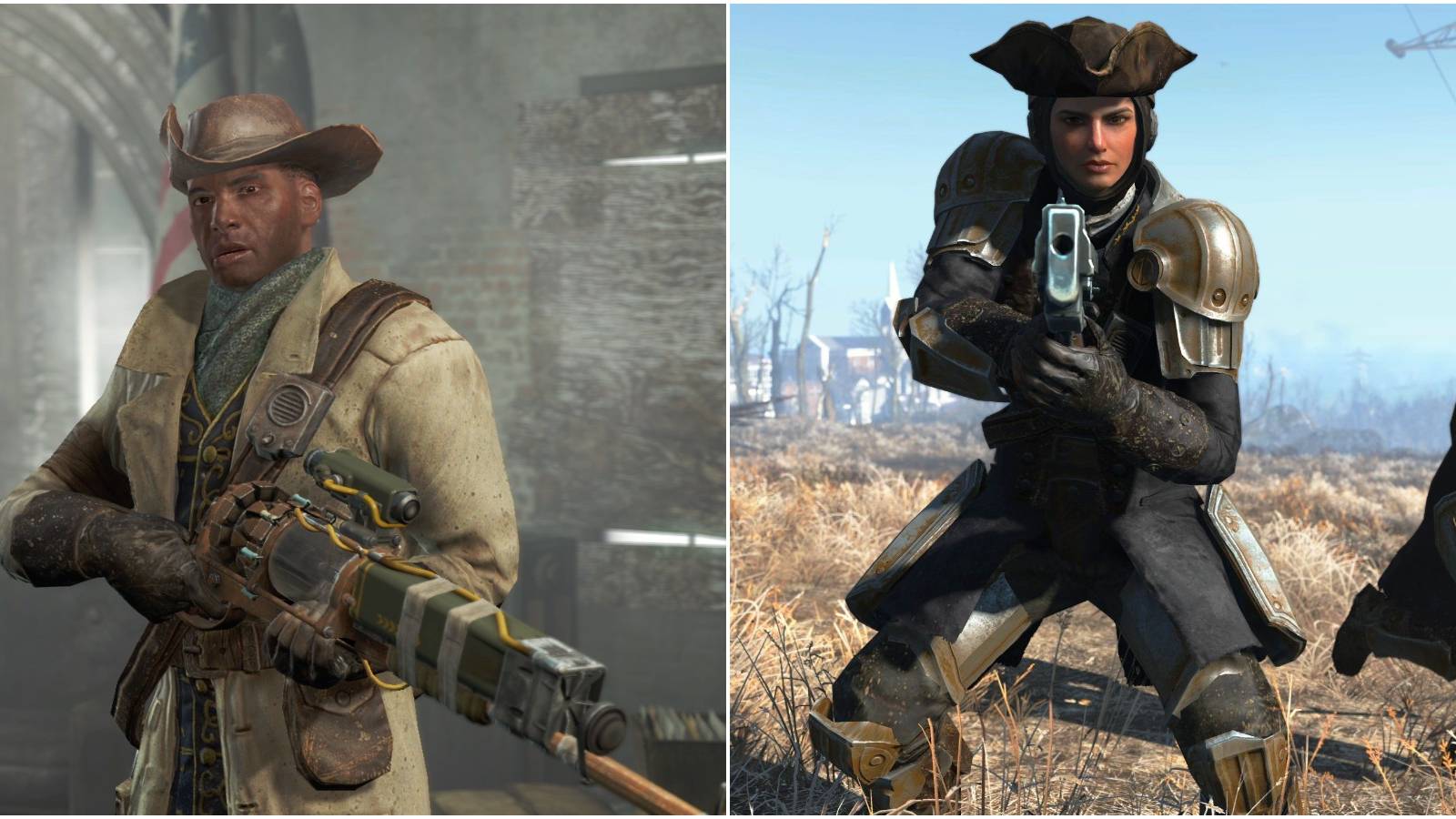 Split image of Preston and Sole Survivor in colonel hat. 