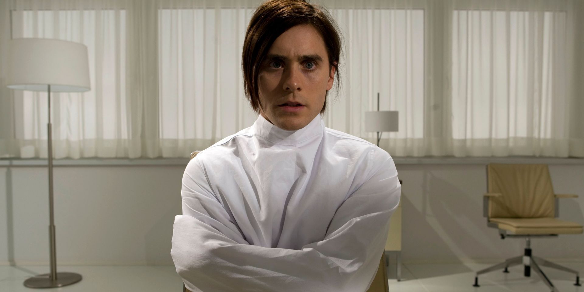 Jared Leto in a straitjacket in the Butterfly Effect-style Mr. Nobody