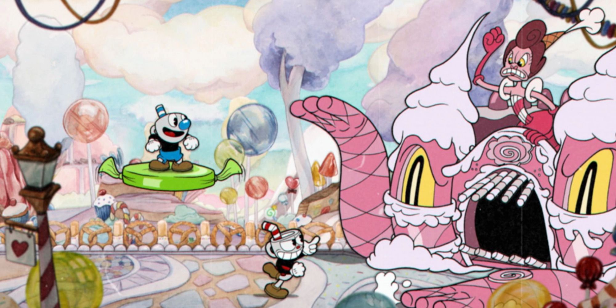 Fighting a boss in Cuphead