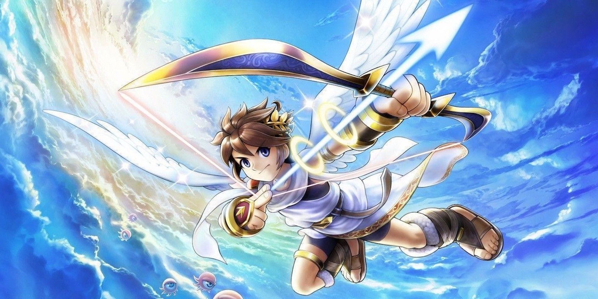 Pit holding a bow and arrow and flying in Kid Icarus Uprising