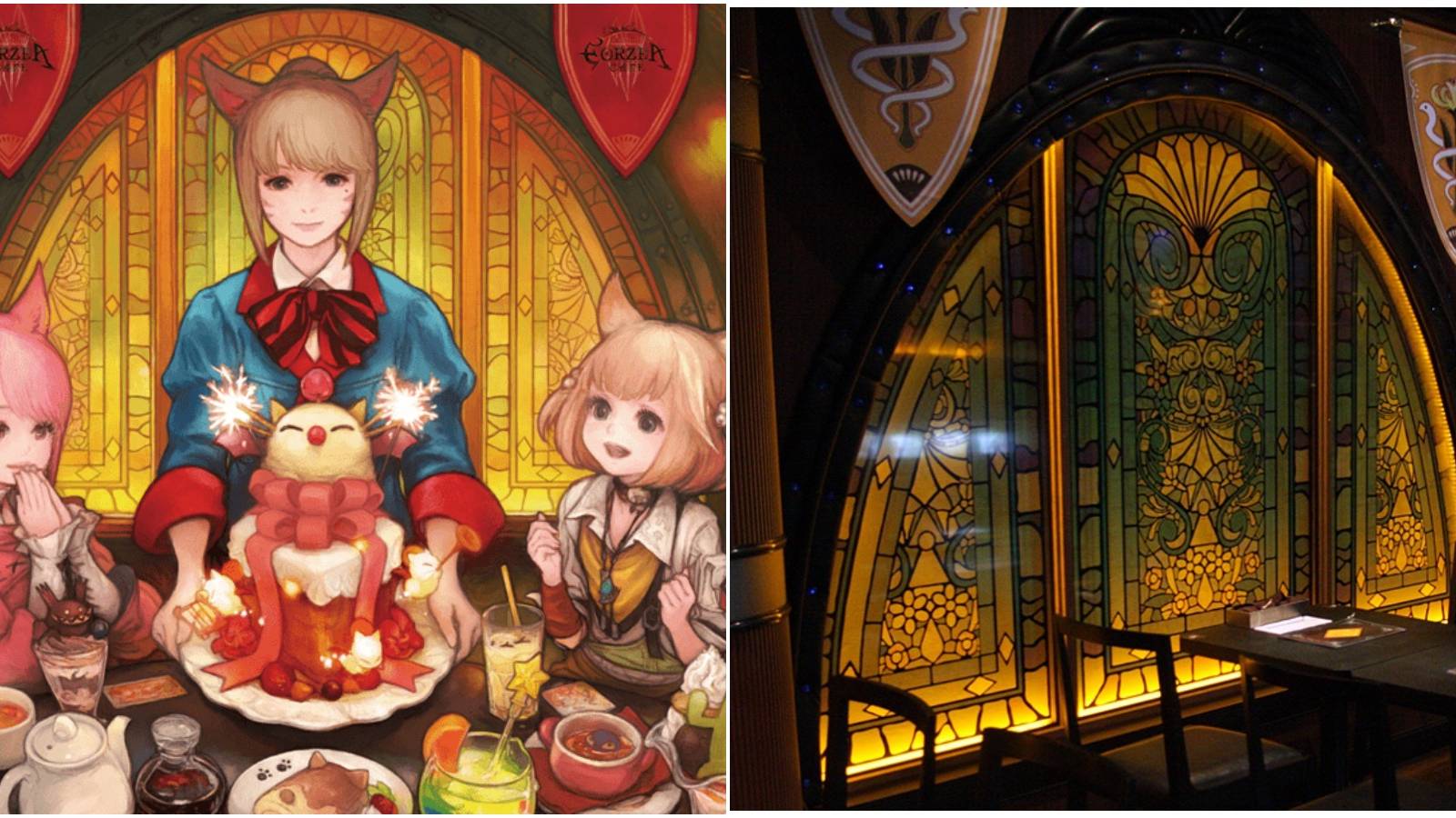 Split image of offical cafe art and inside the cafe.
