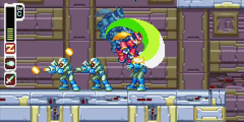 Fighting enemies in Mega Man Zero
