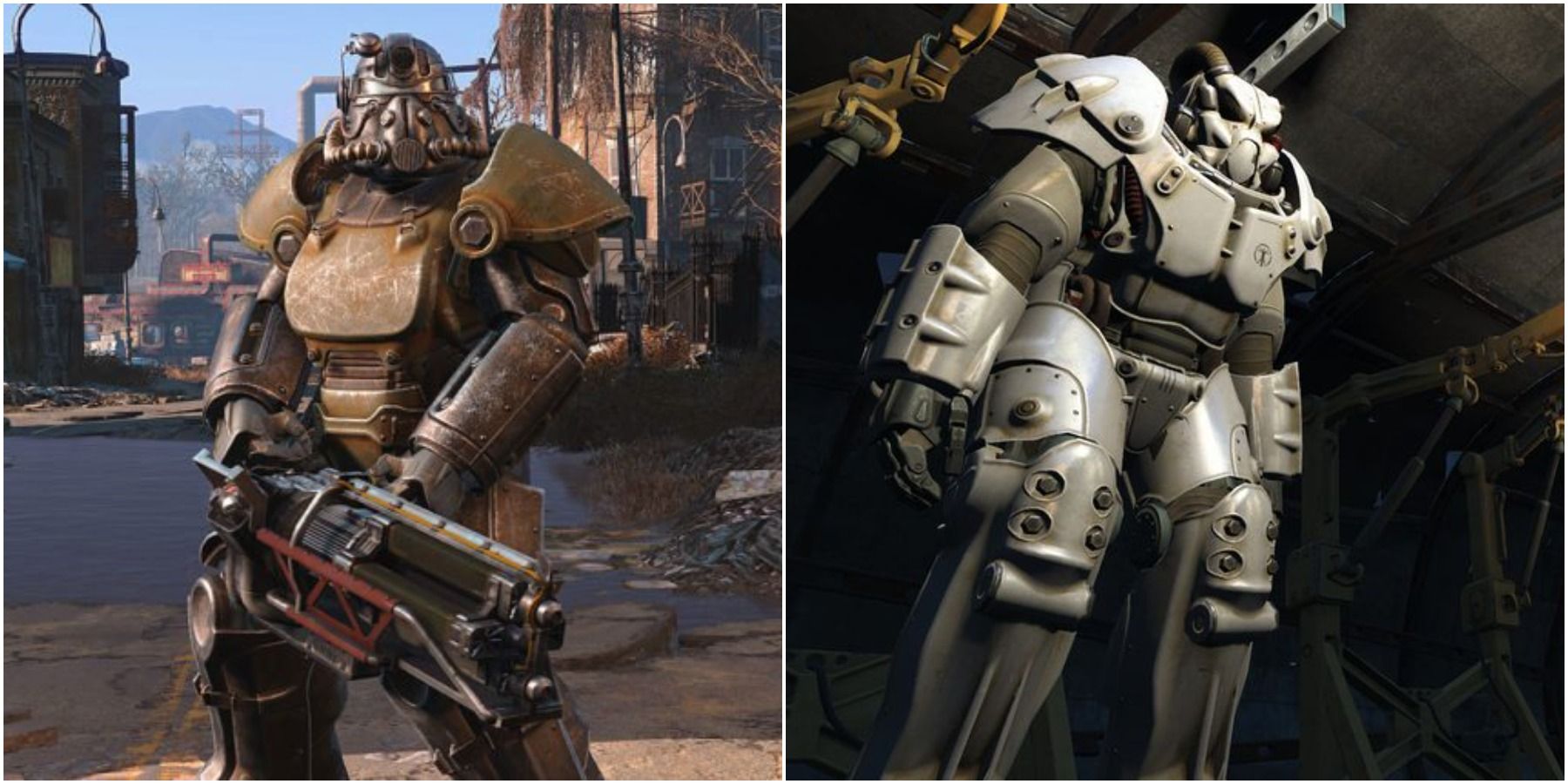 Split image of different power armor models.