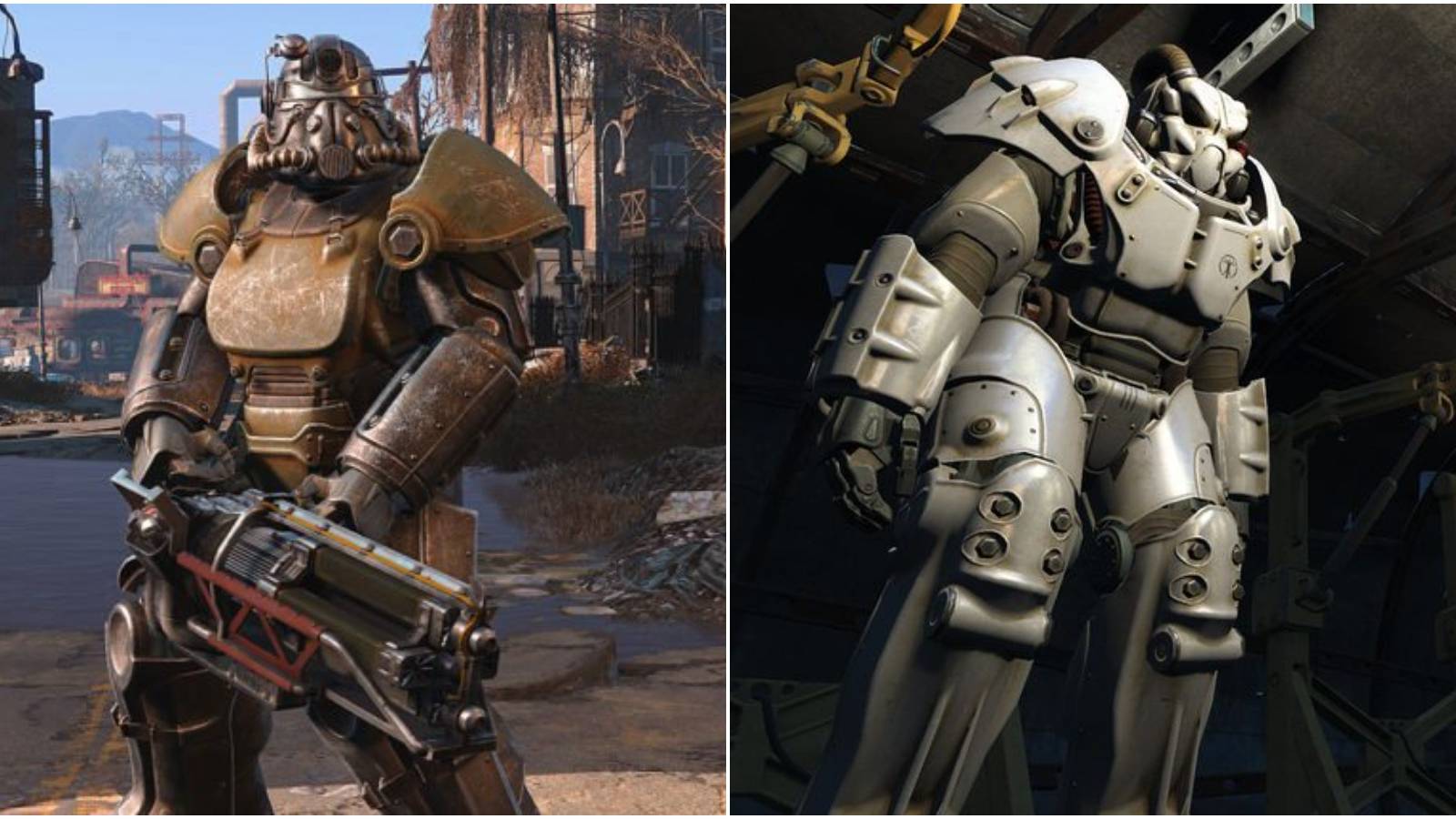 Split image of different power armor models.