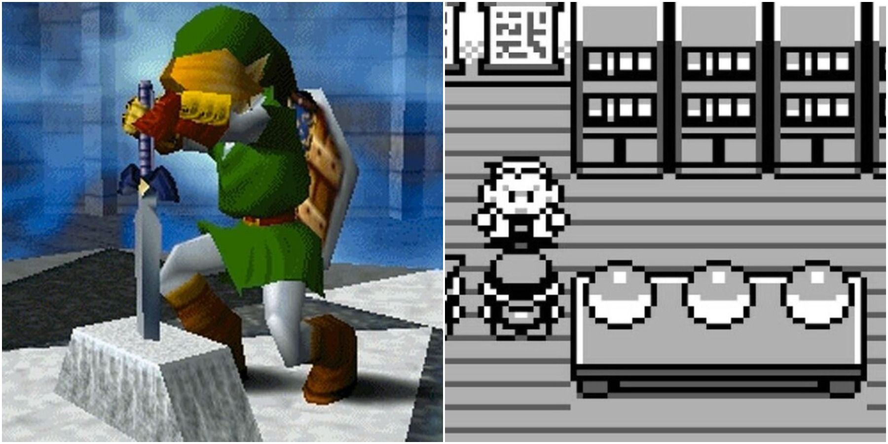 (Left) Link obtaining the master sword (Right) Choosing a starting Pokemon