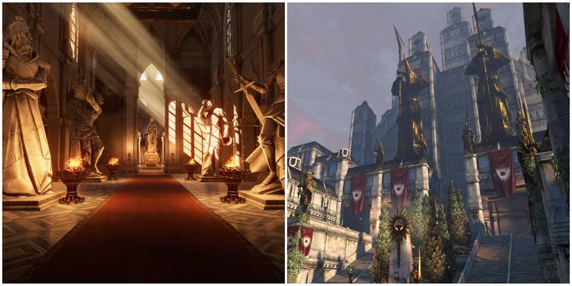 Split image of inside a Chantry and outside Kirkwall's Chantry.