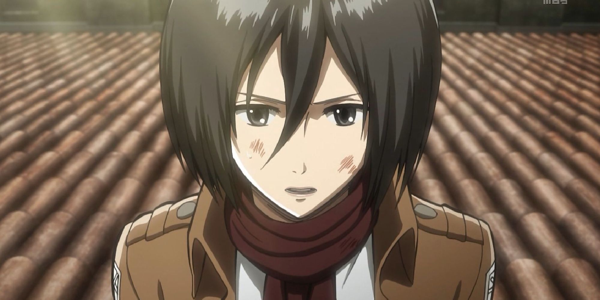Short-haired Mikasa standing on a rooftop with her red scarf and Survey Corps uniform