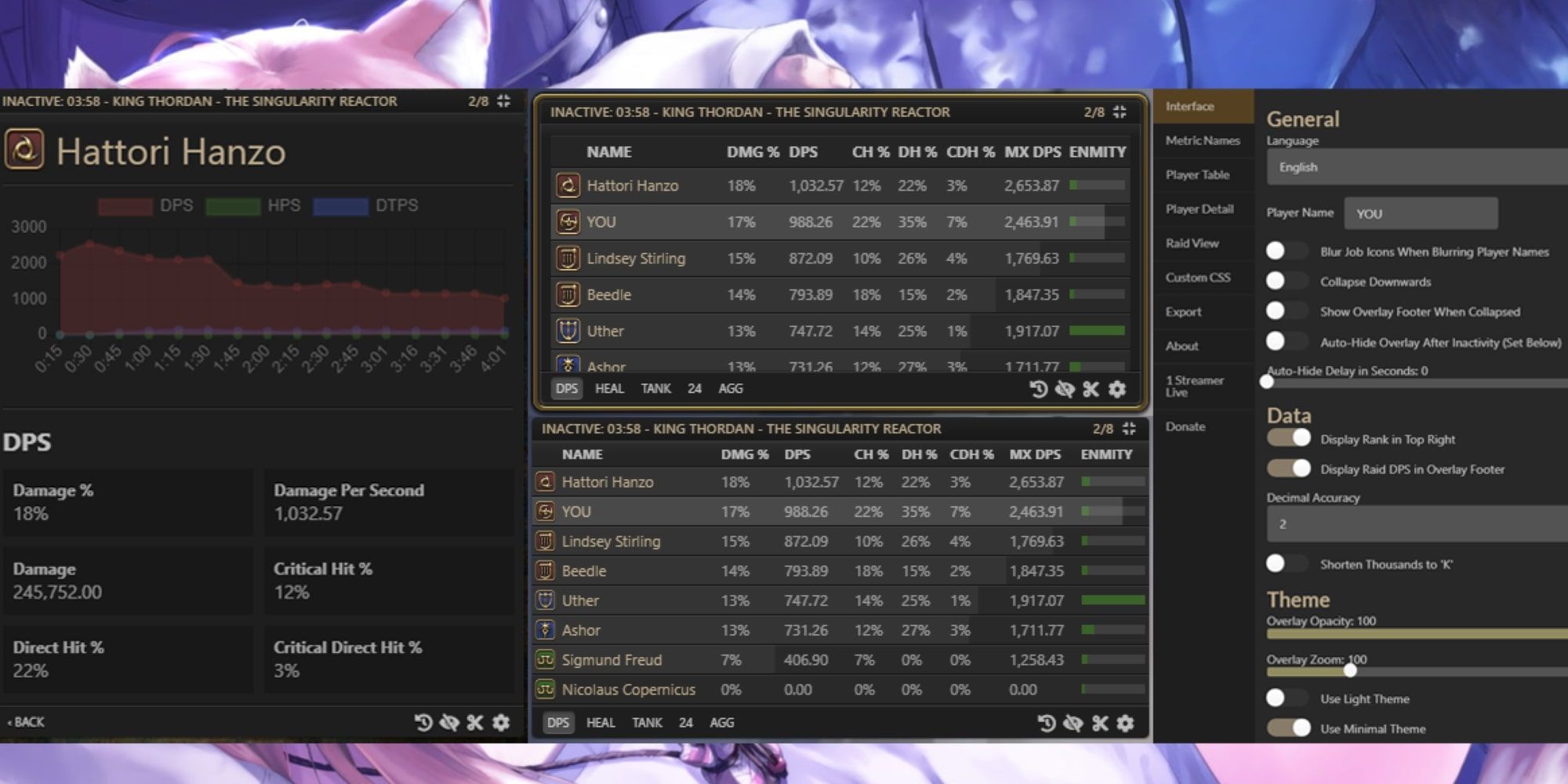 A desktop display of three windows tracking damage-per-second in Final Fantasy 14 mod.