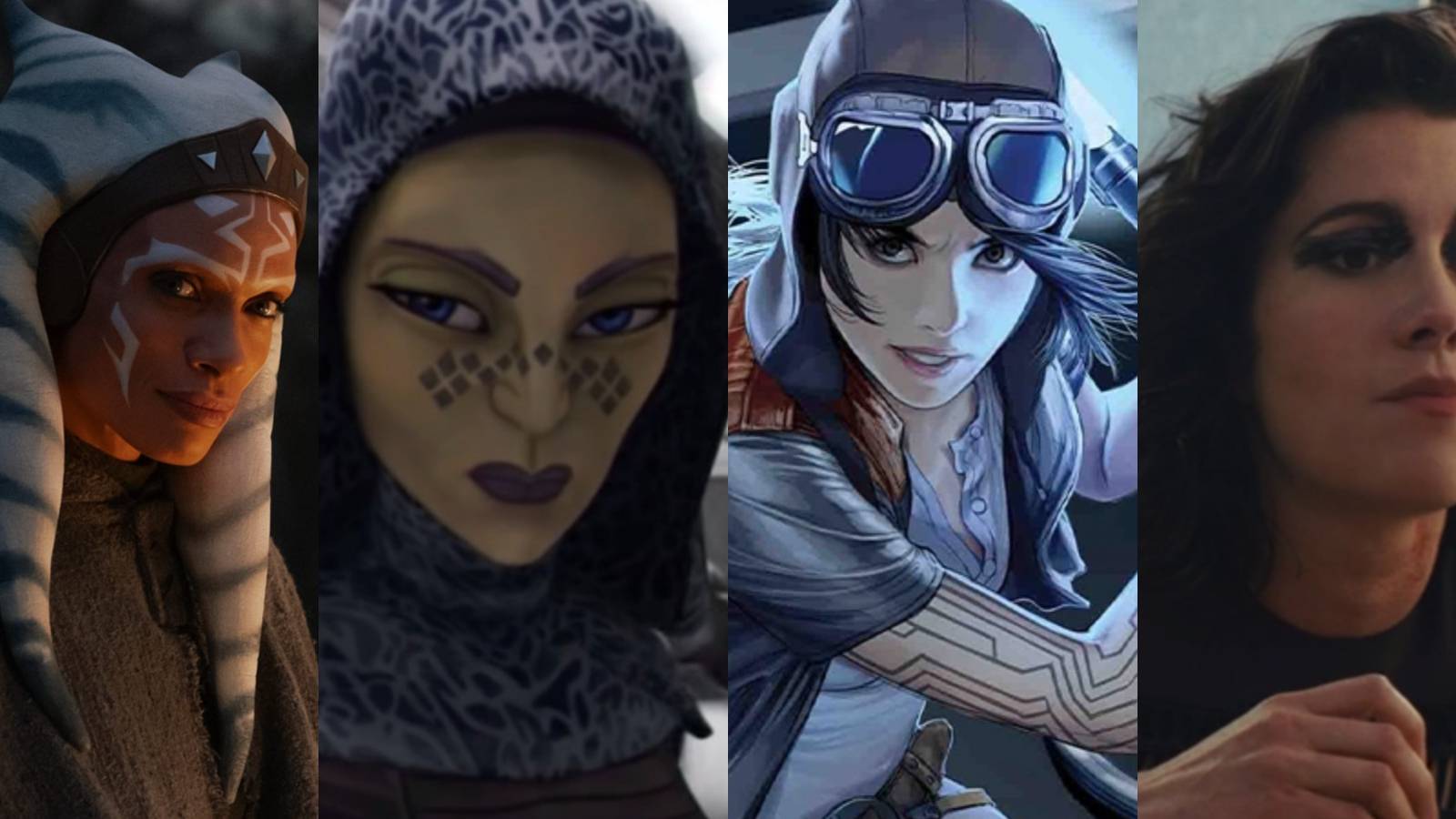 A split image features Ahsoka Tano, Bariss Offee, Doctor Aphra, and Mary Elizabeth Winstead as Huntress