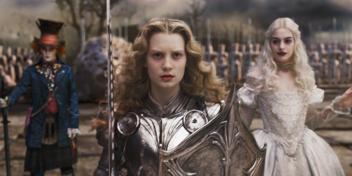 Alice, wearing a shining suit of armor, heads into battle for the White Queen, Mad Hatter in background