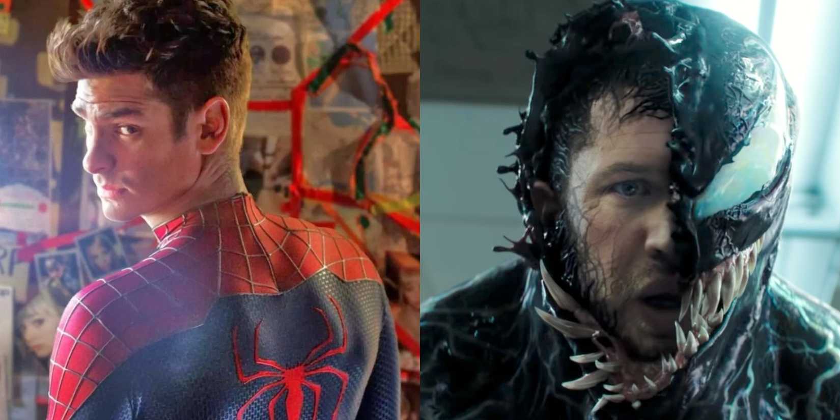 A split image depicts Andrew Garfield as Spider-Man and Tom Hardy as Eddie Brock and Venom