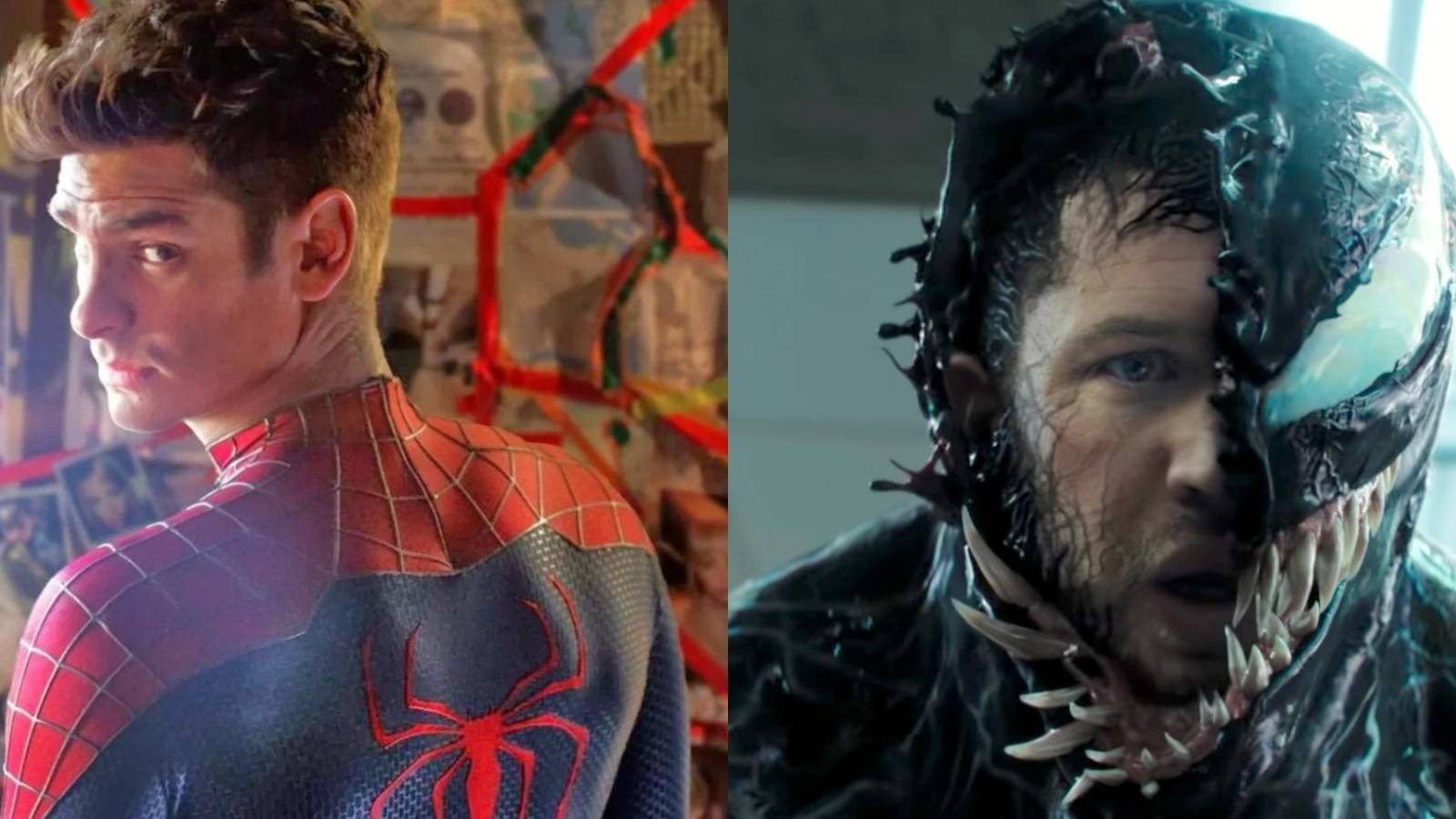 A split image depicts Andrew Garfield as Spider-Man and Tom Hardy as Eddie Brock and Venom