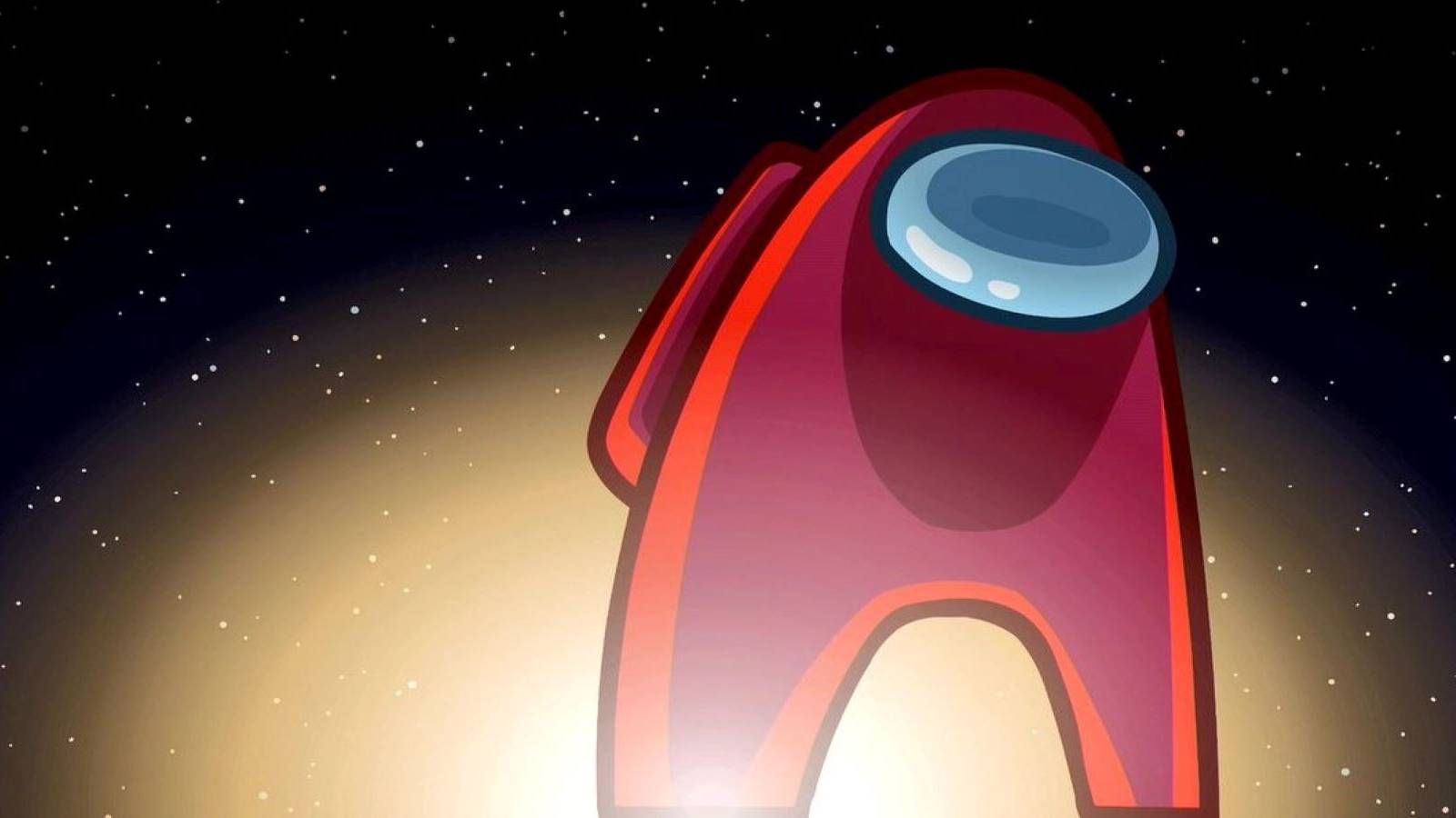 A red Crewmate from Among Us standing against a starry background