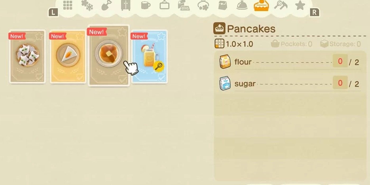 Animal Crossing New Horizons flour pancake recipe menu selection