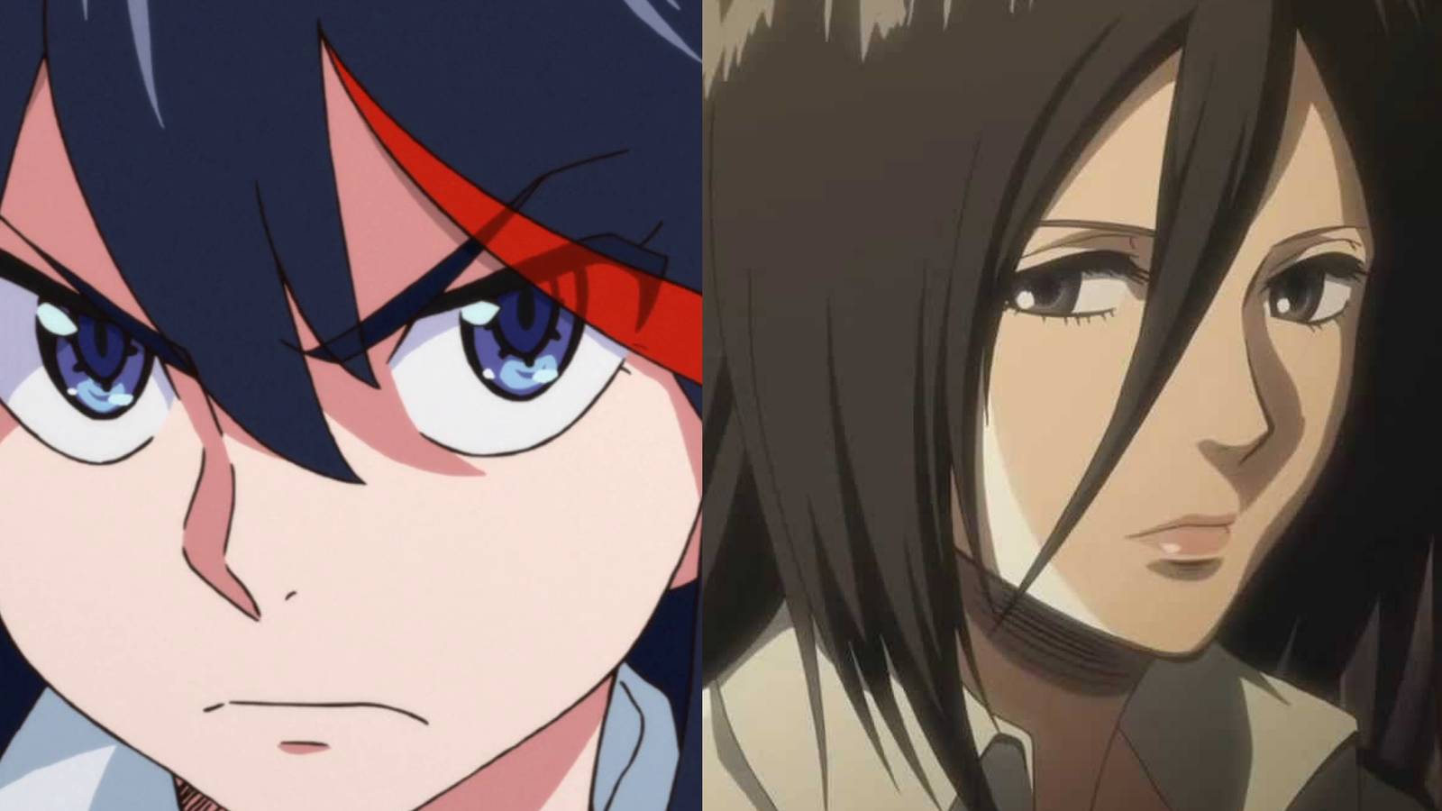 Close-up of Ryuko from Kill La Kill; close-up of long-haired Mikasa from Attack on Titan