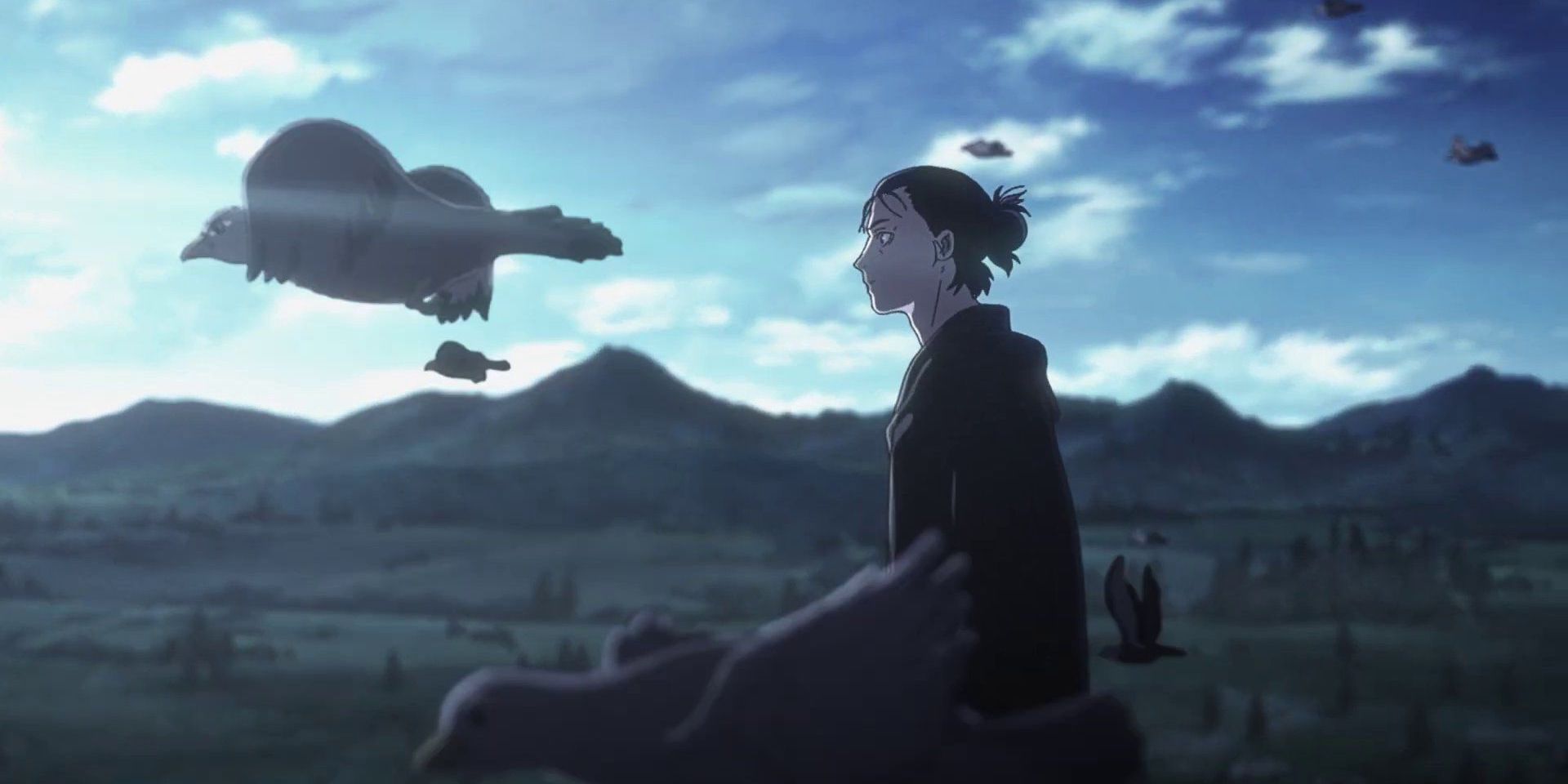 Birds flying around Eren as he walks alone