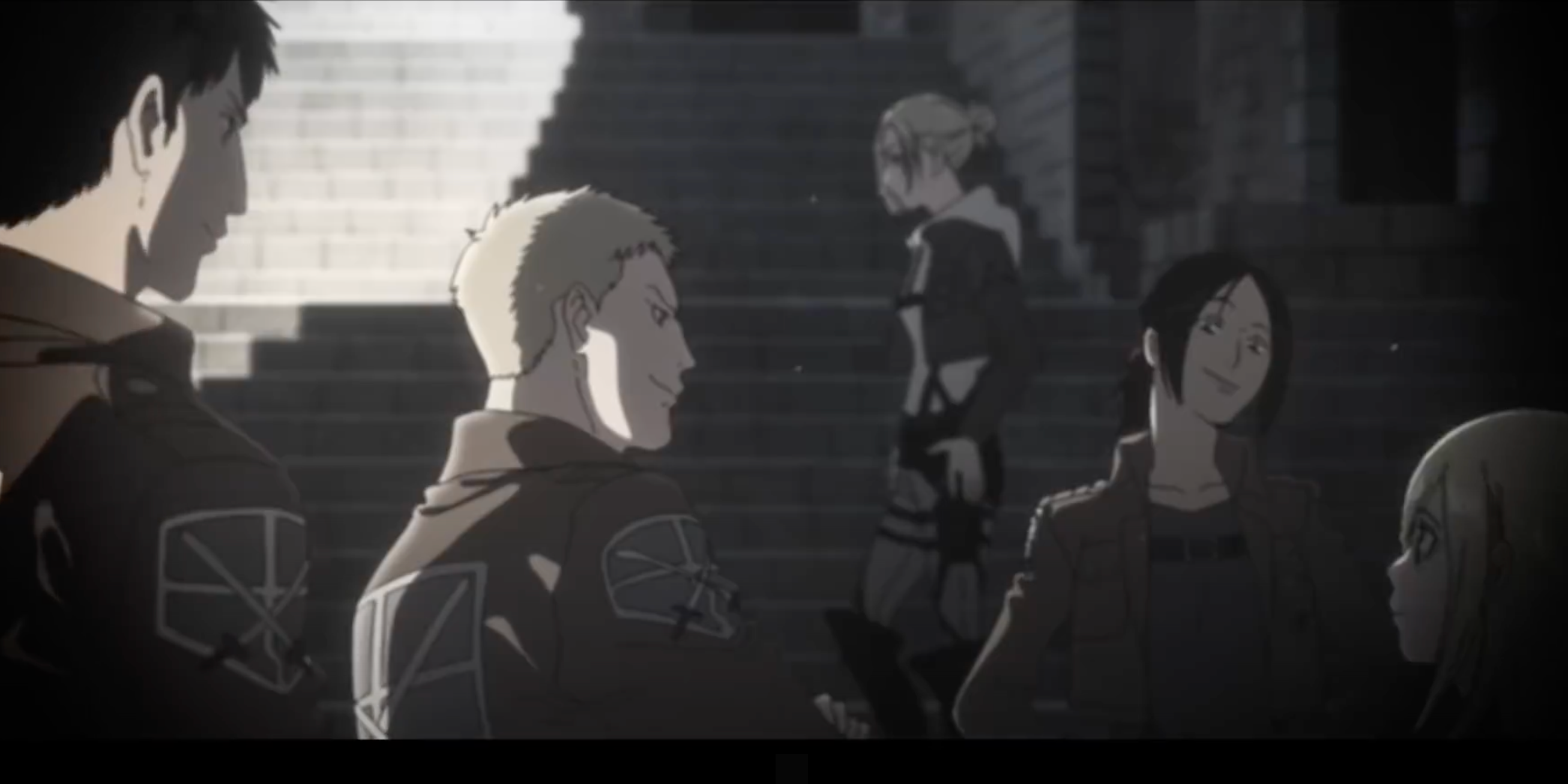 Historia, Ymir, Annie, Historia, Reiner, and Bertoldt in Scout uniform