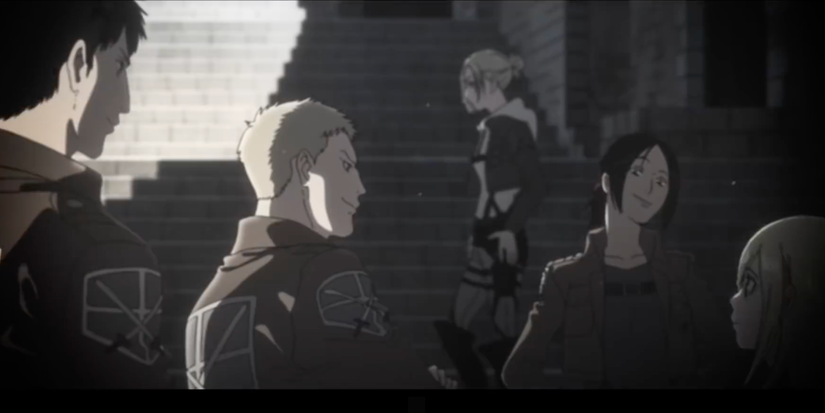 Historia, Ymir, Annie, Historia, Reiner, and Bertoldt in Scout uniform