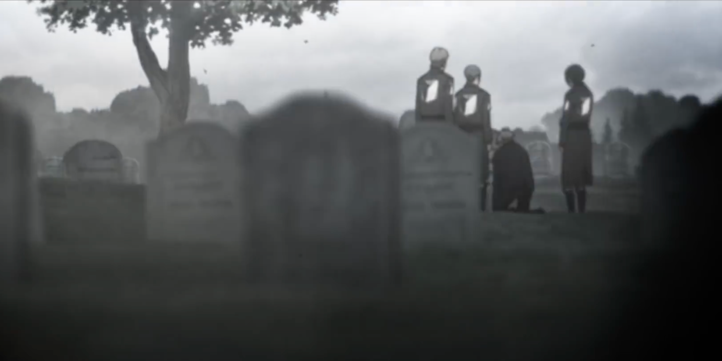 Connie, Jean, Armin, and Mikasa in a graveyard