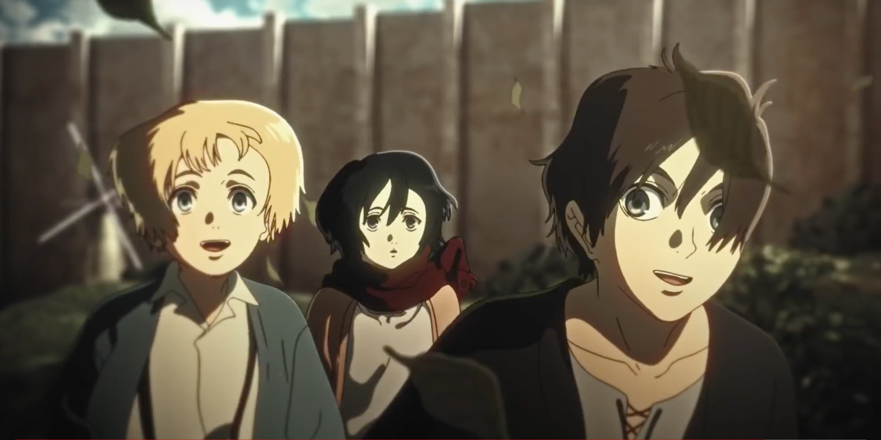 Young Eren, Mikasa, and Armin in their hometown