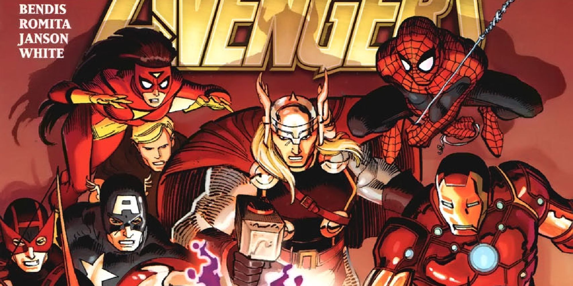 Avengers cover depicting Spider-Woman, Spider-Man, Thor, Captain America, Hawkeye, and Iron Man all looking at something off-page