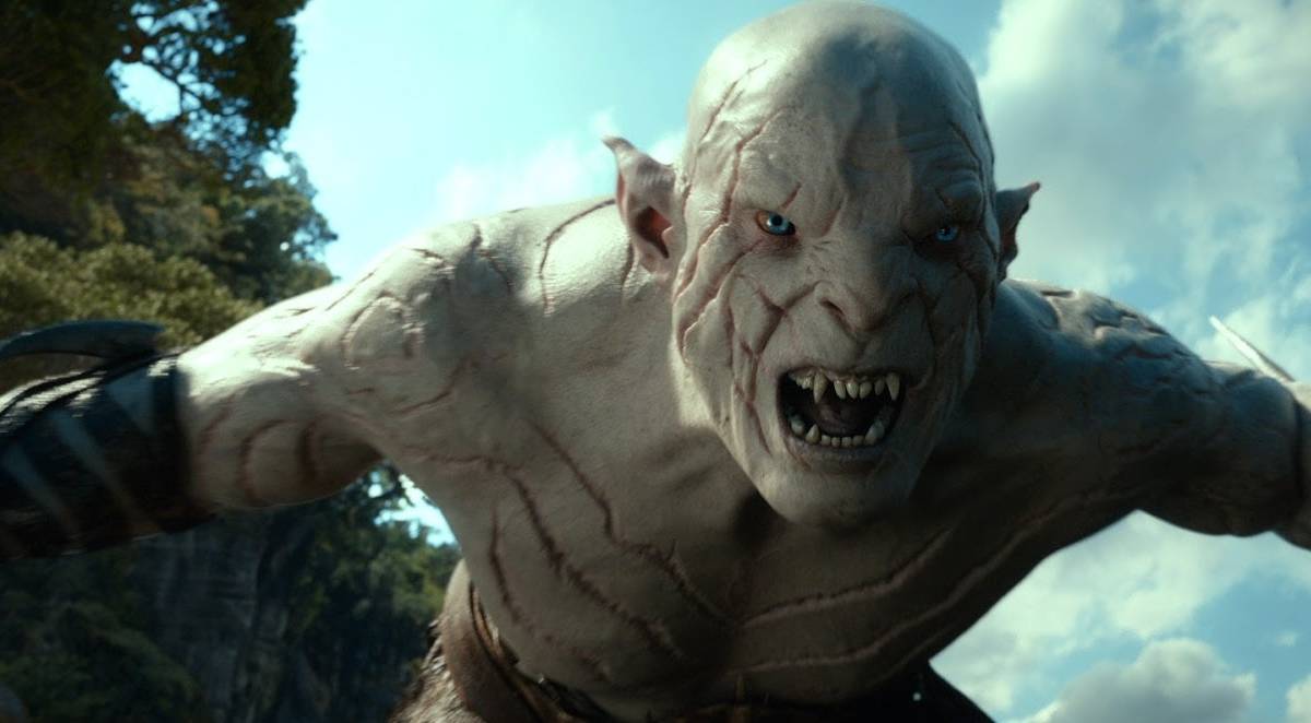 Azog the orc looks into the camera during The Hobbit movie