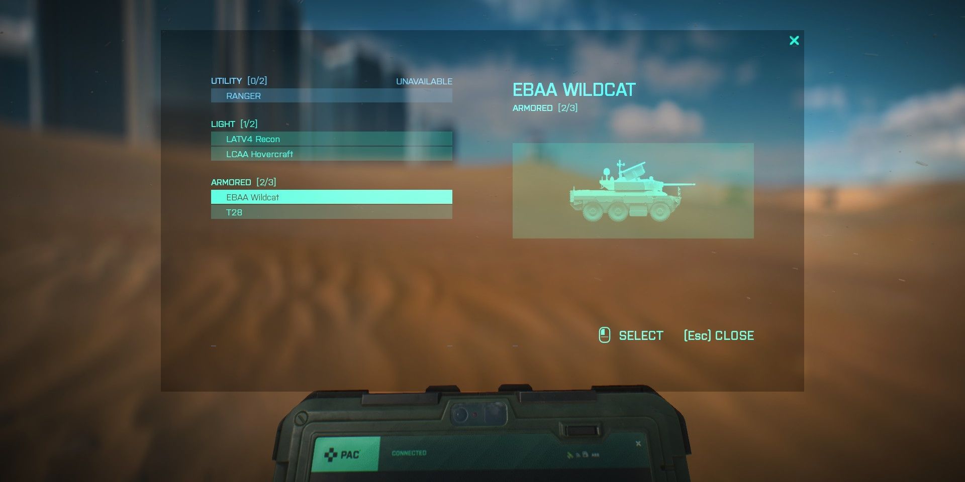 Player opens up the Battlefield 2042 Call-In Menu on a tablet: it shows a picture of a Wildcat tank