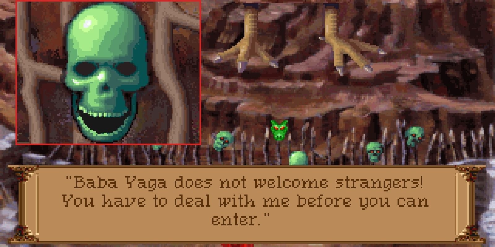 Baba Yaga green skull outside the hut Quest For Glory