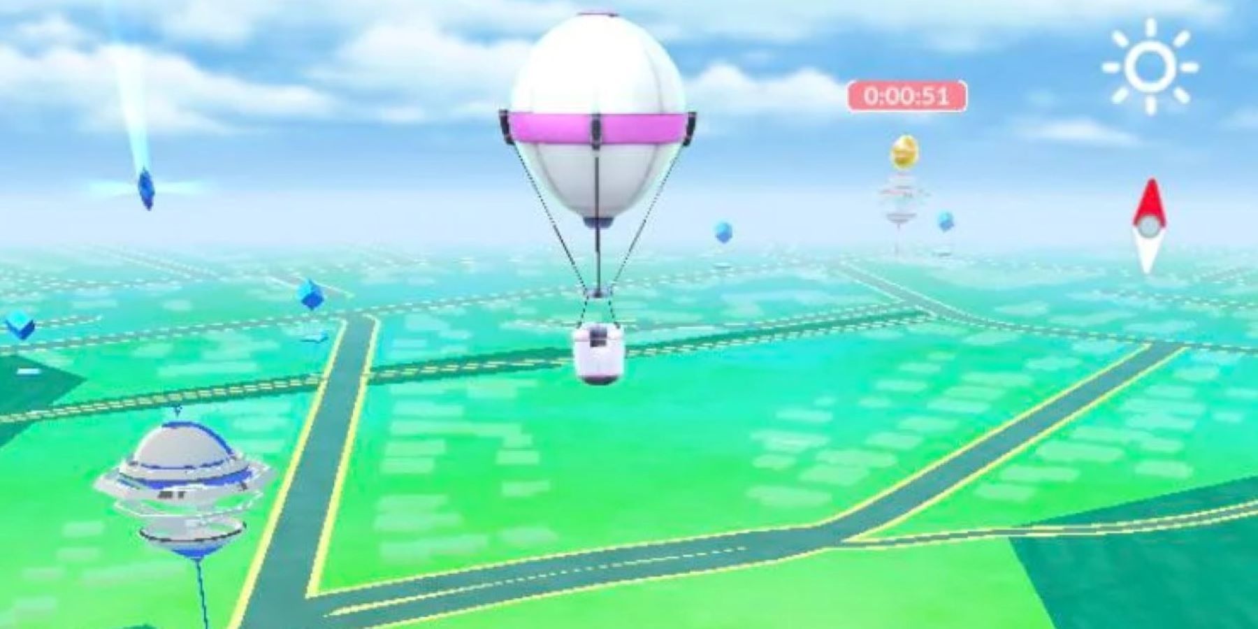 An sponsored ad balloon in Pokemon GO with Gyms and PokeStops in the background