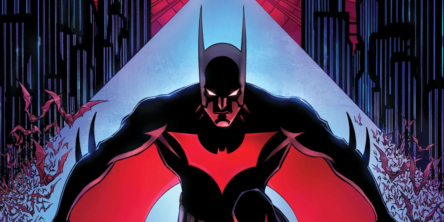 Batman Beyond kneels down on a rooftop in New Gotham City in Batman Beyond comics