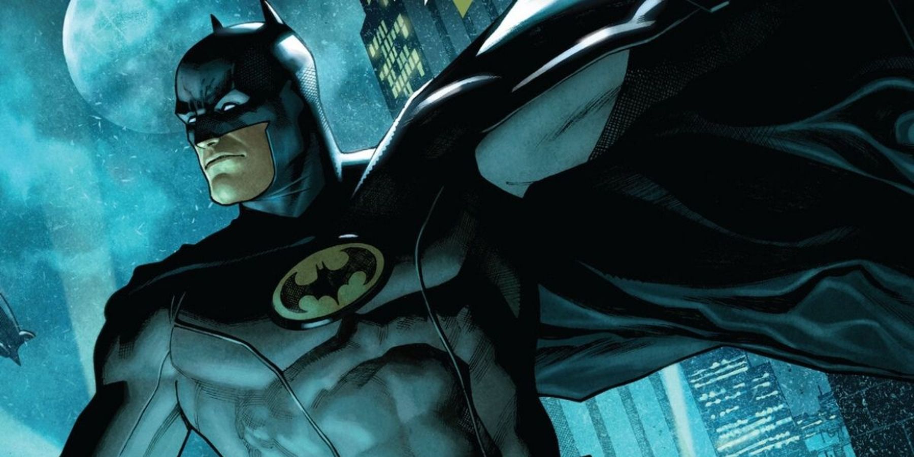 Batman in his Batman Incorporated suit overlooking Gotham City in DC comics