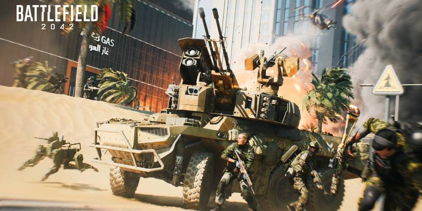 A squad takes cover behind an EBAA Wildcat as it shoots down a helicopter