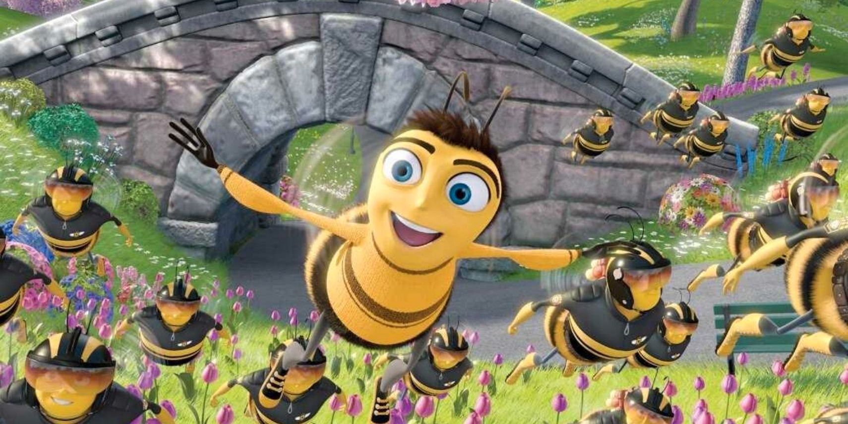 Barry B. Benson from Bee Movie leads an army of bees to pollinate flowers