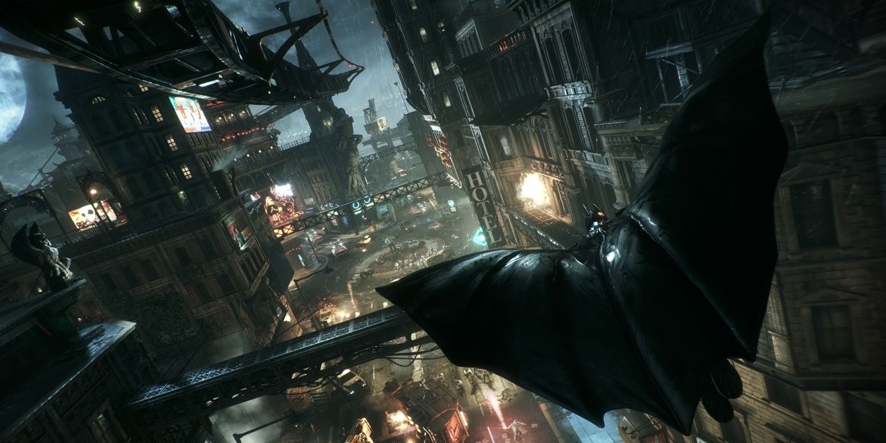 Скриншот Batman: Arkham Knight, на котором Бэтмен парит над ночным городом