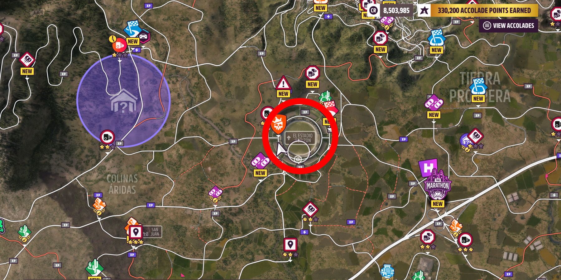 El Estadio Horizon location circled on Forza Horizon 5 map