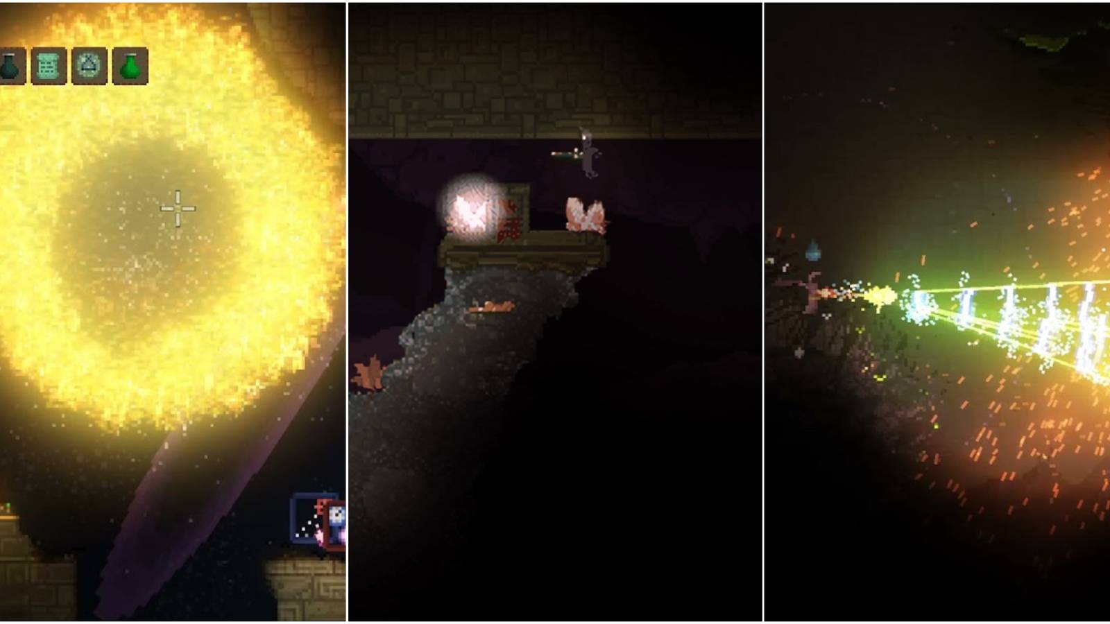 Noita split image of the Orbiting Arc modifier, Unstable Crystal spell, and Luminous Drill spell.
