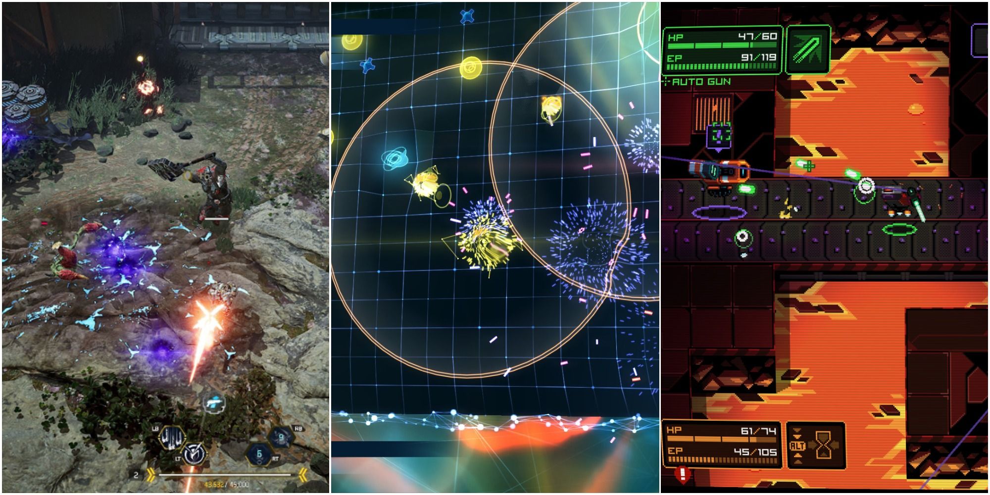 Split image of Anvil, Geometry Wars 3, and neurovoider shooting 