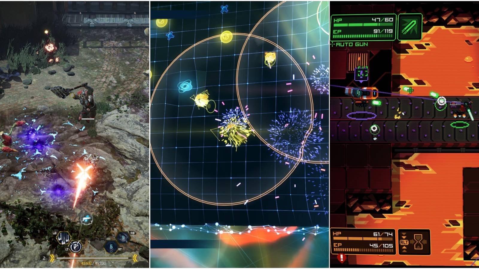 Split image of Anvil, Geometry Wars 3, and neurovoider shooting 