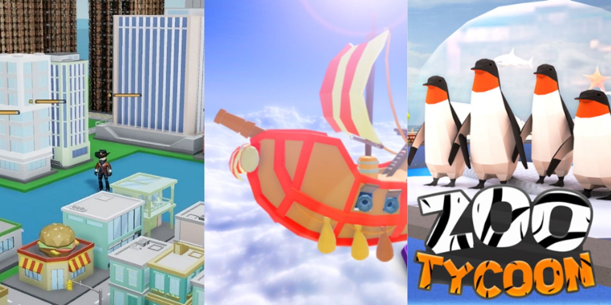 Split image Roblox screenshots from left to right: A Roblox character standing in a mini city, a ship in the clouds, and a group of penguins