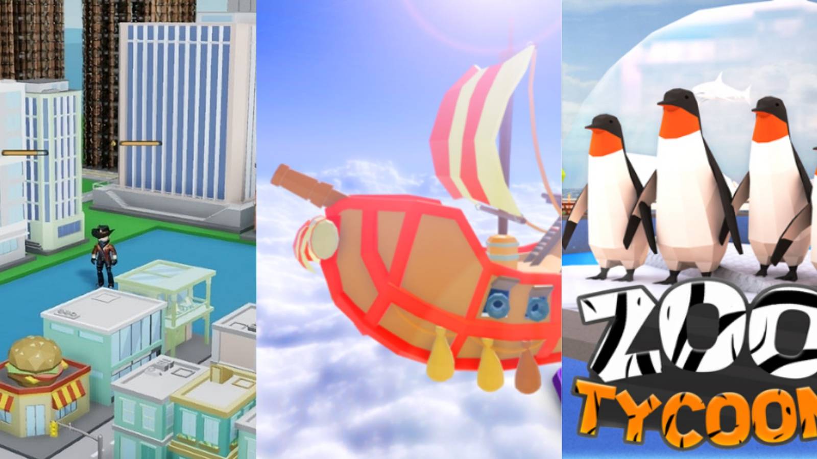 Split image Roblox screenshots from left to right: A Roblox character standing in a mini city, a ship in the clouds, and a group of penguins