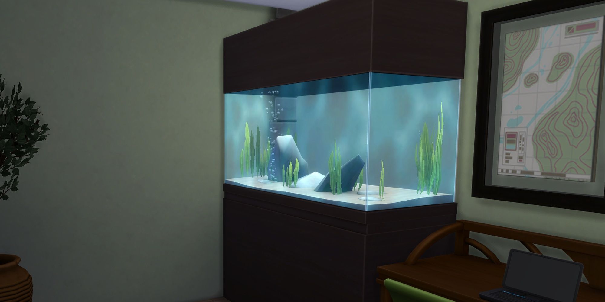 A large fish tank with a wooden base in a study from The Sims 4.