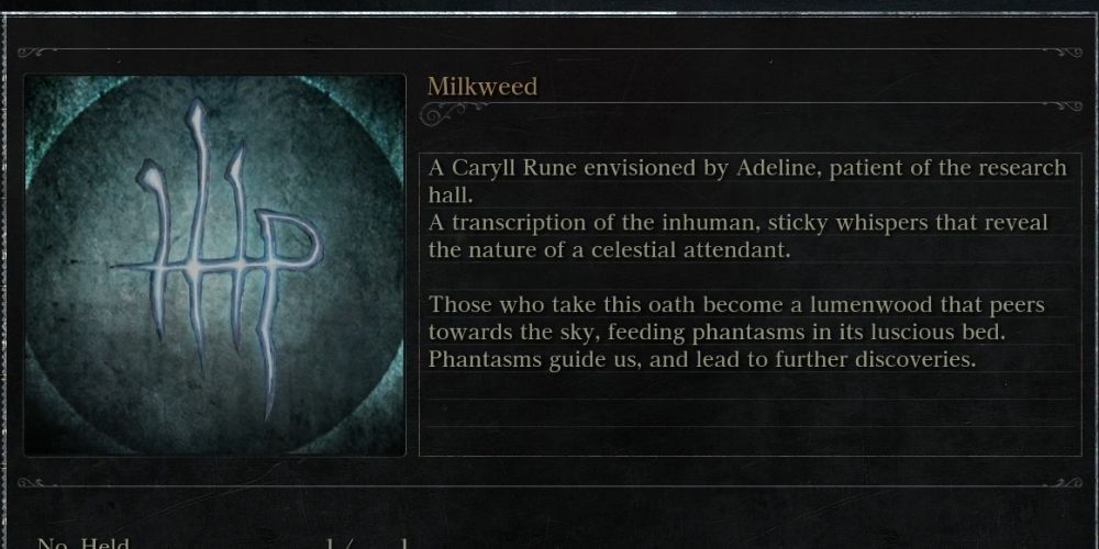 Bloodborne Milkweed Rune item description 