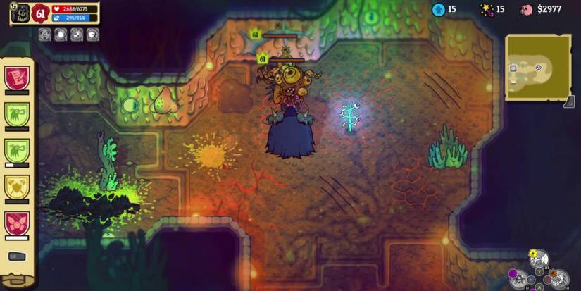 a dark cloaked character facing two monsters with a brown tint all in a sickly-looking cave