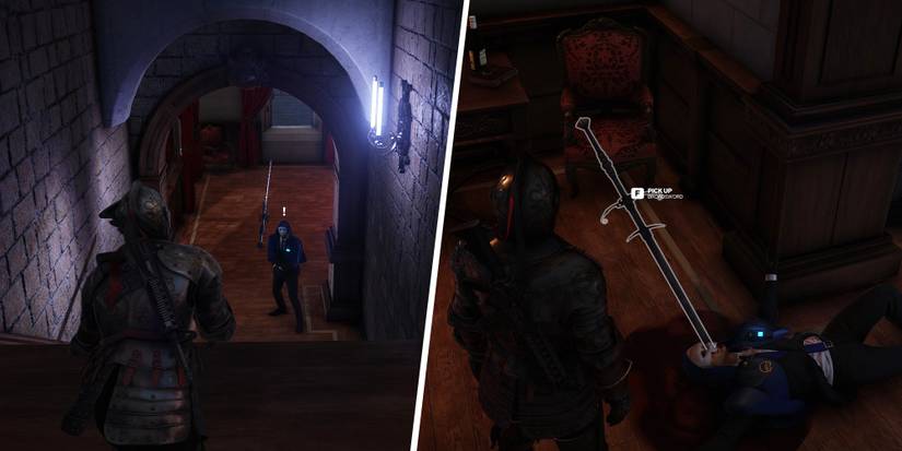 Wearing the knight's armor disguise, Agent 47 kills a guard with a broadsword on Isle of Sgail