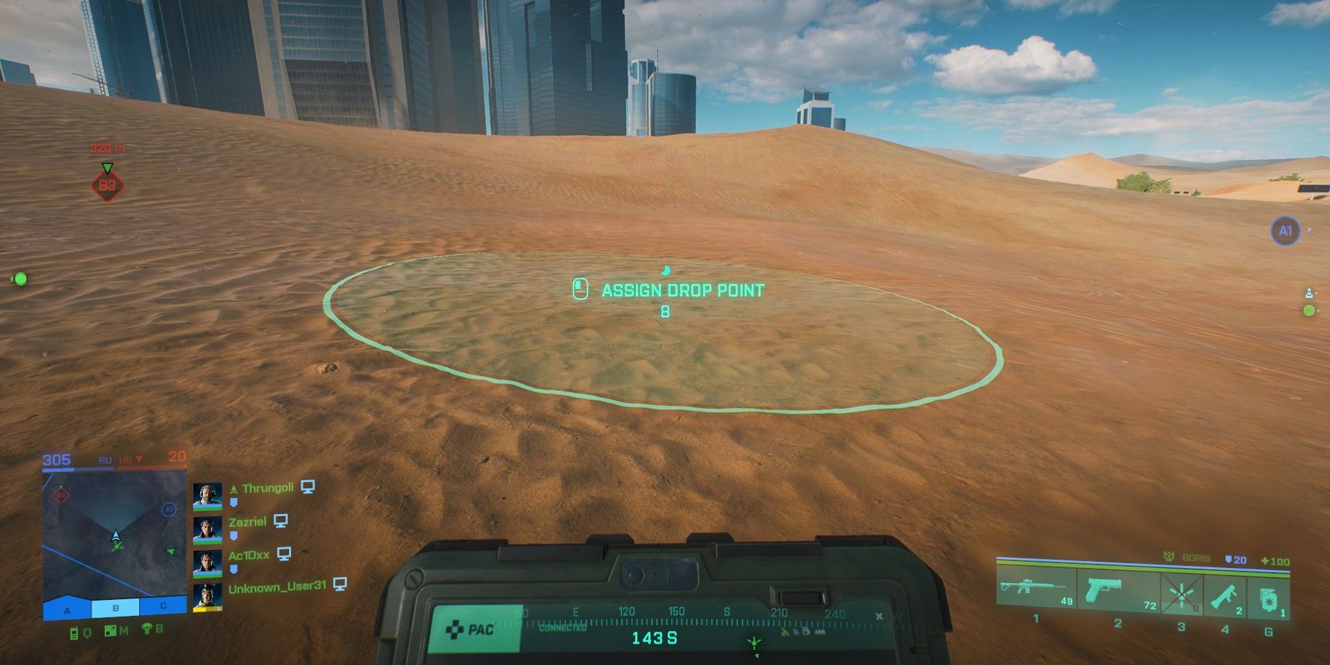 A green circle on the ground shows the drop point for a vehicle call-in in Battlefield 2042 on the map Hourglass