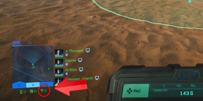 Closeup of Battlefield 2042 minimap, showing the location of the Call-in menu with a red arrow