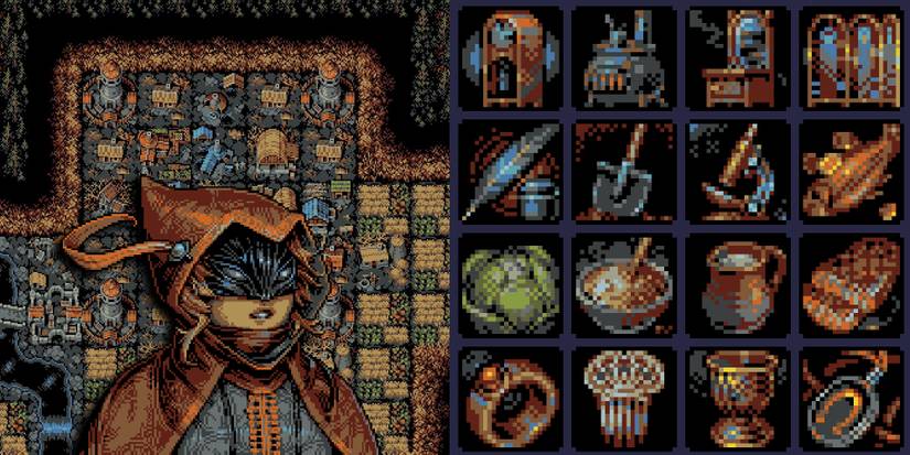 Loop Hero - Rogue PNG Overlaid On Image Of The Home Base Camp And Sprites For Different Camp Items