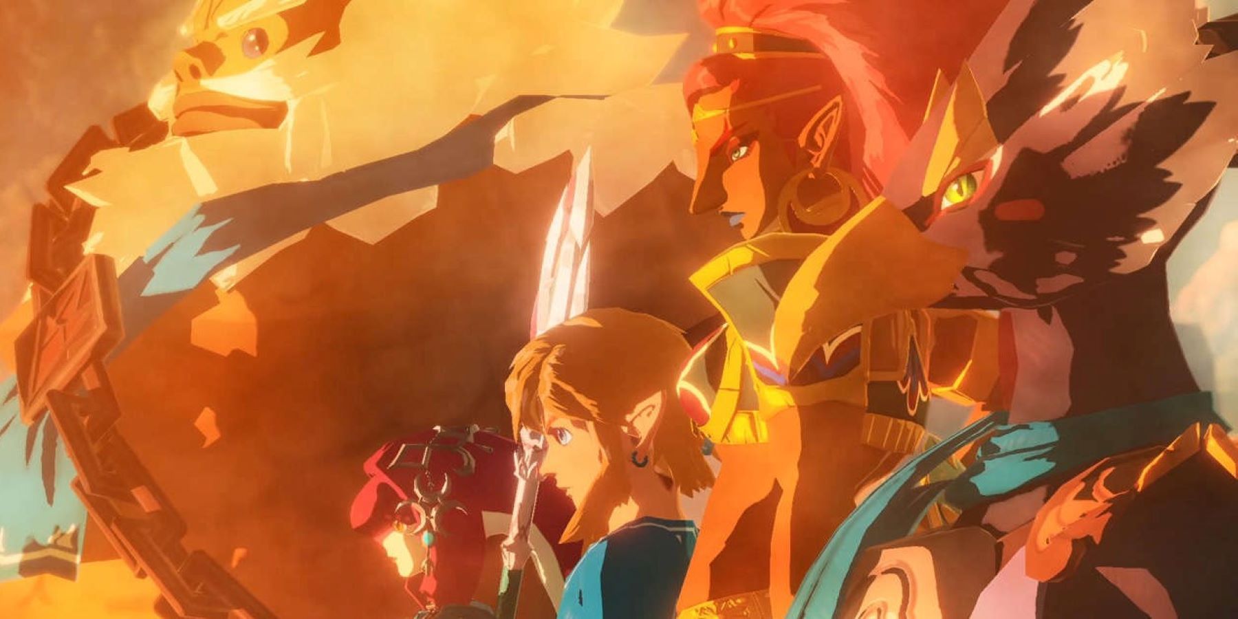 The Legend of Zelda: Breath of the Wild's Champions Daruk, Mipha, Urbosa, and Revali standing together with Link