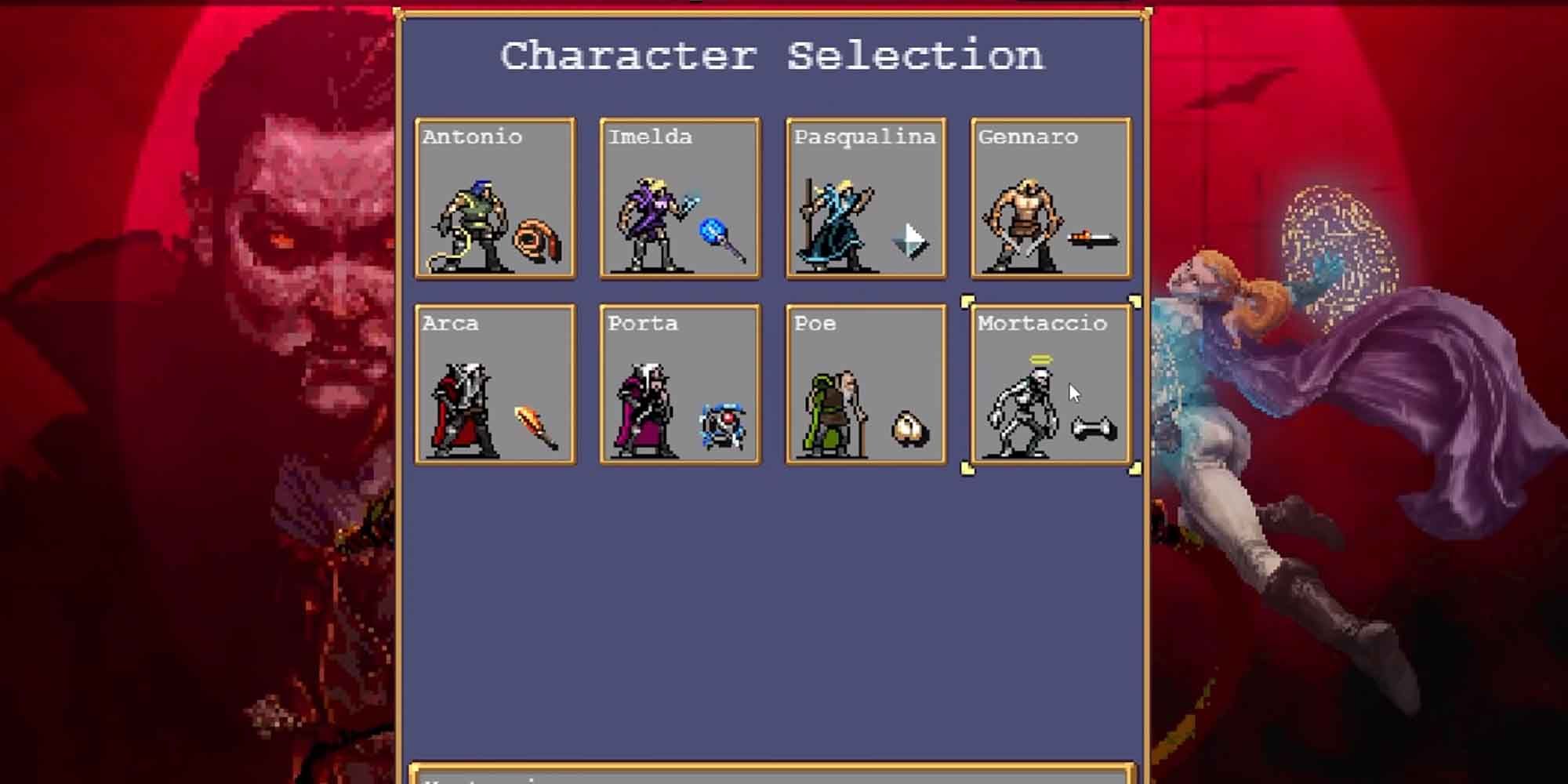 Character Select screen in Vampire Survivors