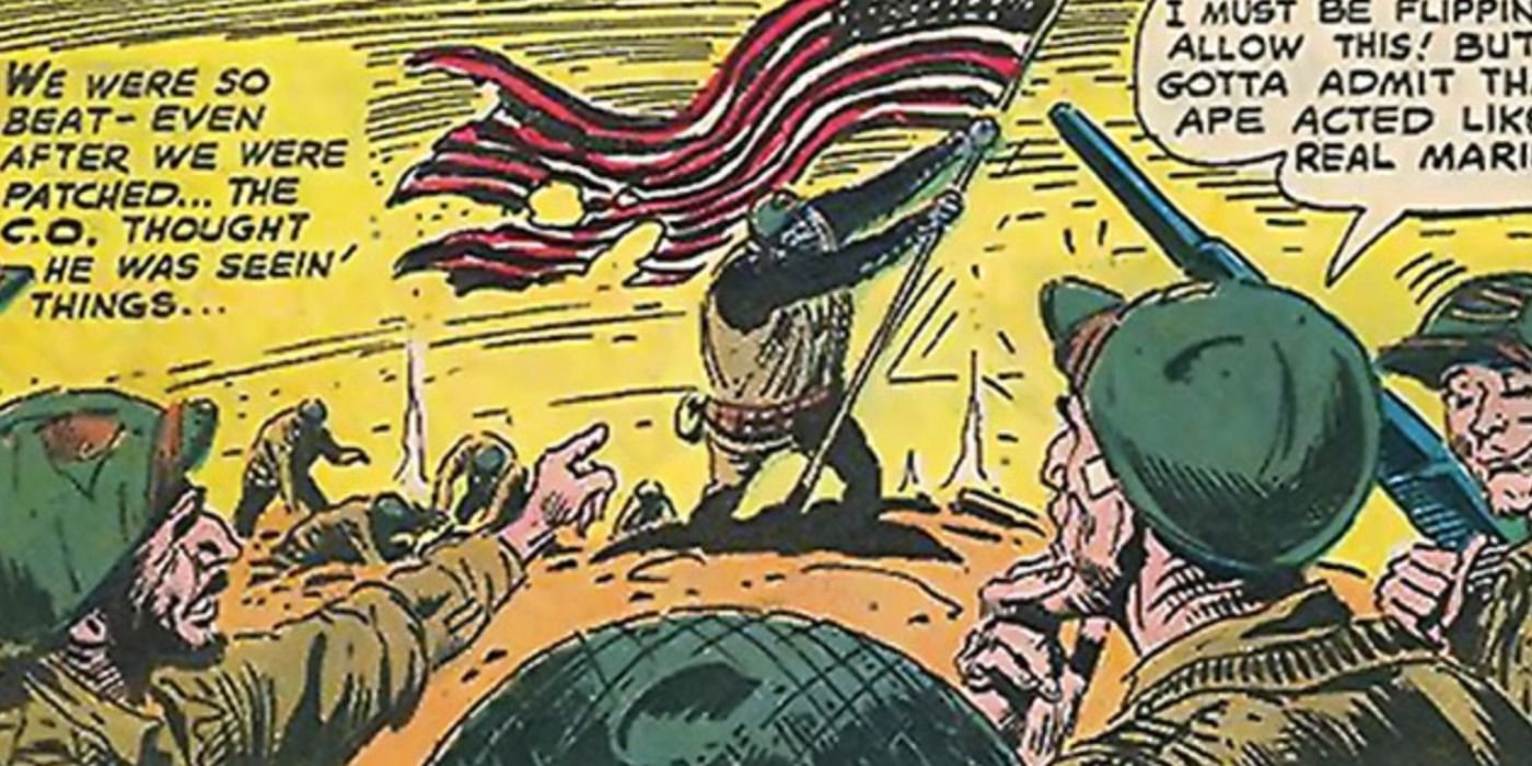 Charlie The Gorilla waves a flag in front of soldiers in DC Comics